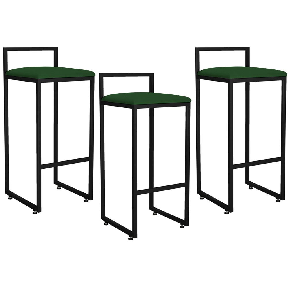 Kit 03 Banquetas Altas Para Cozinha Sala de Jantar Hanna L02 Preto Suede Verde Musgo - Lyam Decor
