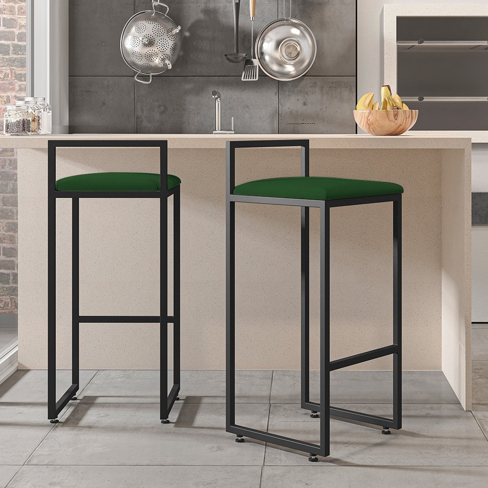 Kit 03 Banquetas Altas Para Cozinha Sala de Jantar Hanna L02 Preto Suede Verde Musgo - Lyam Decor