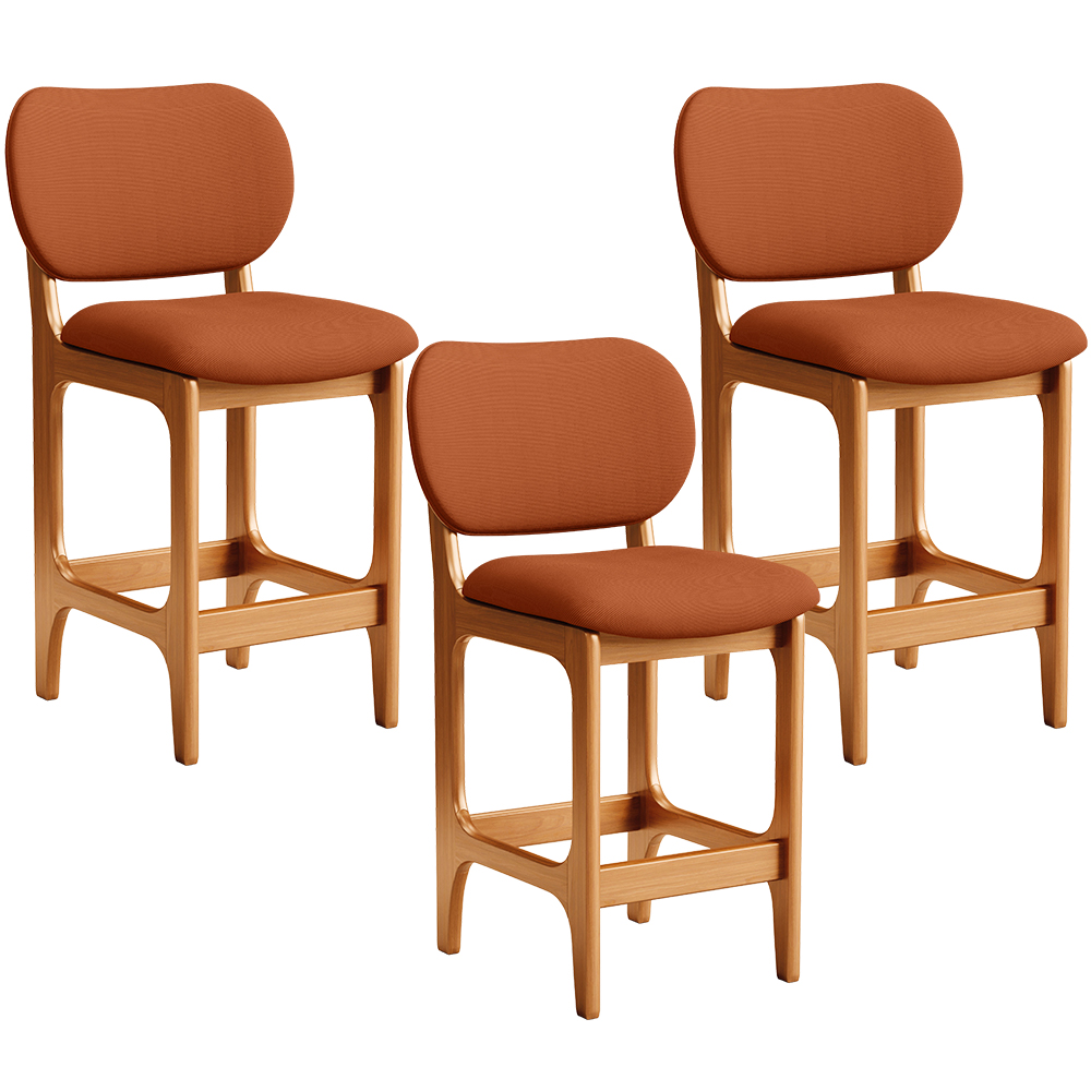 Kit 03 Banquetas Baixa Bar Cozinha E Sala De Jantar Fixa Betta L02 Imbuia Tecido Terracota - Lyam Decor