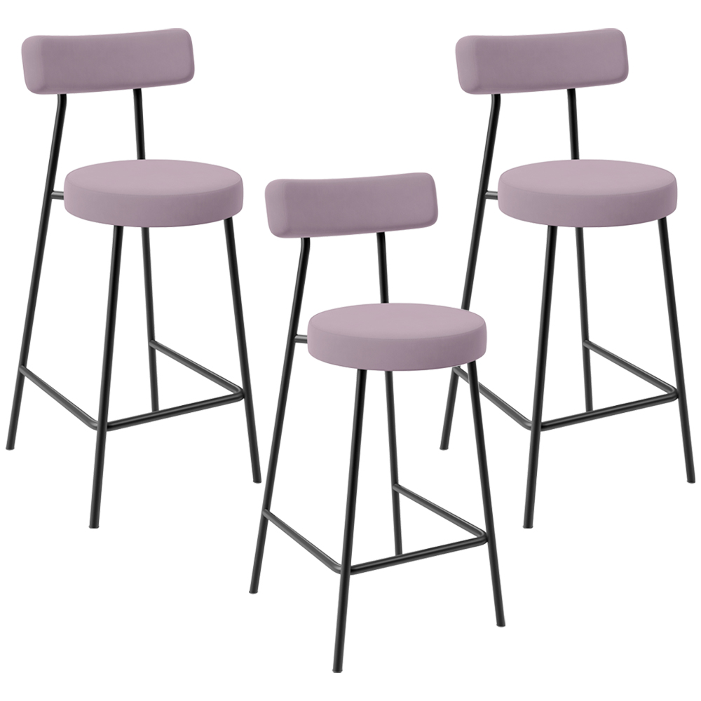 Kit 03 Banquetas Baixa Bar Cozinha Sala De Jantar Em Aço Milão L02 Suede Rosê - Lyam Decor
