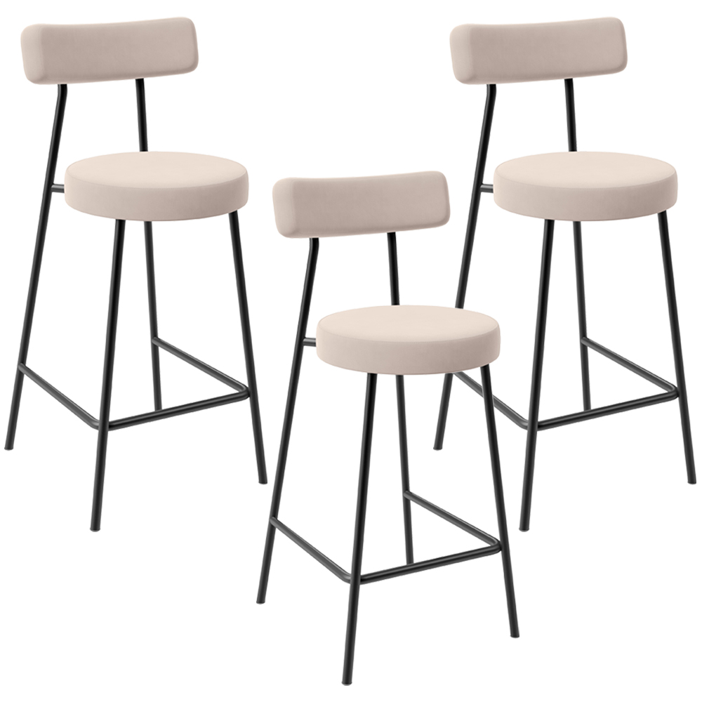 Kit 03 Banquetas Baixa Bar Cozinha Sala De Jantar Estrutura Em Aço Milão L02 Suede Bege - Lyam Decor