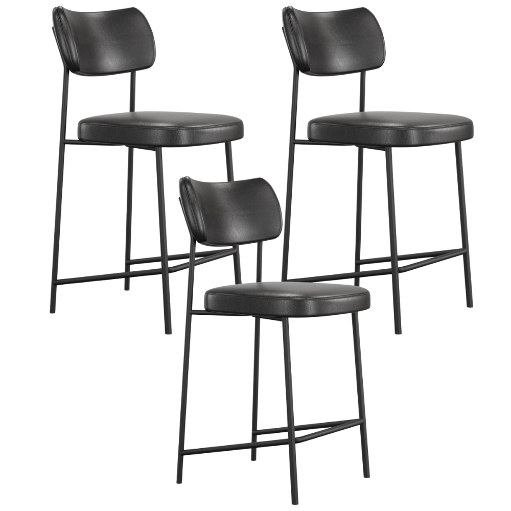 Kit 03 Banquetas Baixa Bar Cozinha Sala De Jantar Preto Elira L02 Couríssimo Preto - Lyam Decor