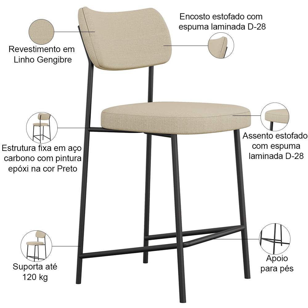 Kit 03 Banquetas Baixa Bar Cozinha Sala De Jantar Preto Elira L02 Linho Bege Escuro - Lyam Decor