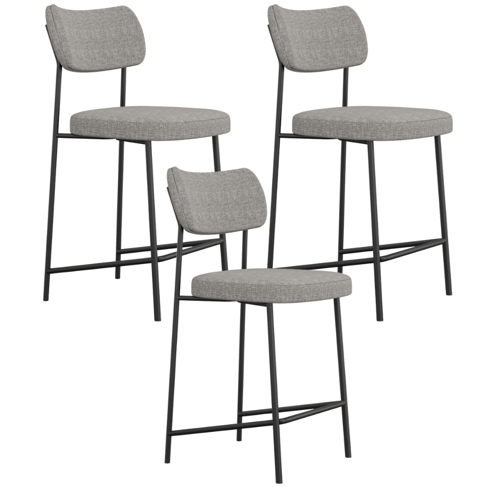 Kit 03 Banquetas Baixa Bar Cozinha Sala De Jantar Preto Elira L02 Linho Cinza Escuro - Lyam Decor