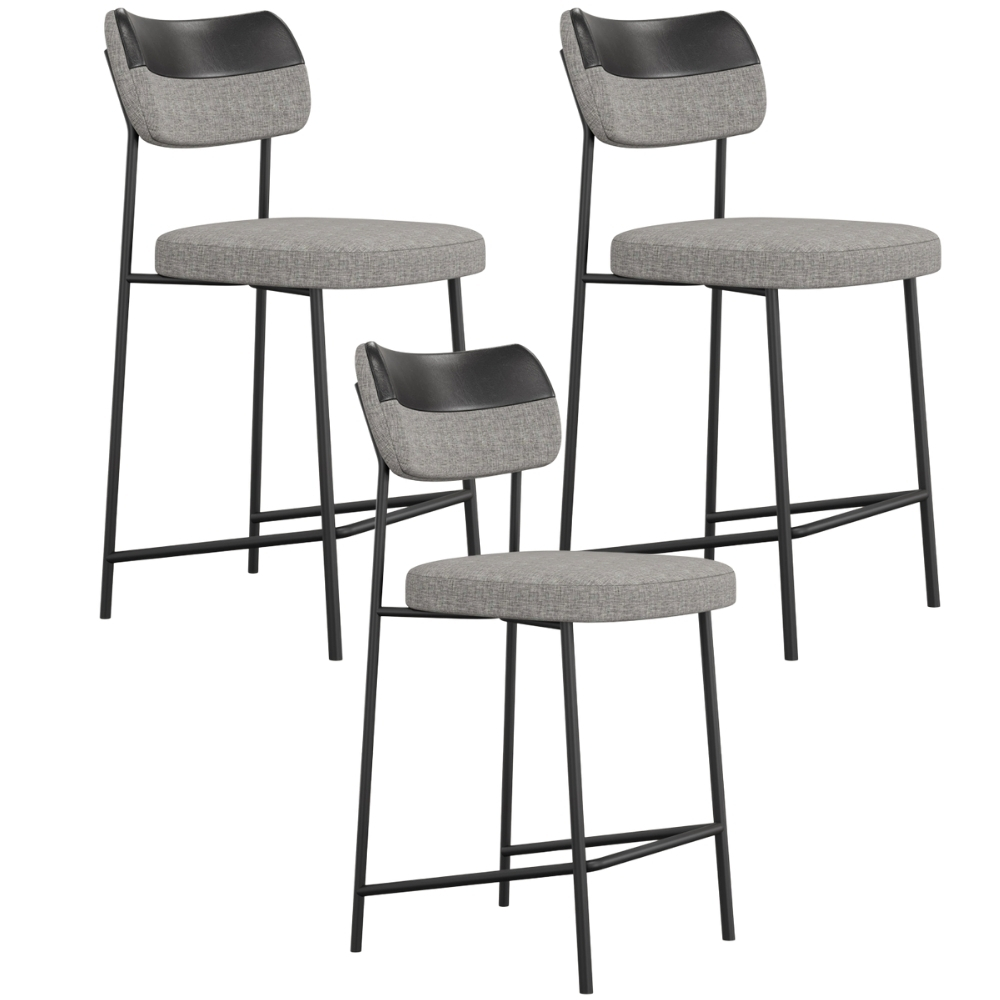 Kit 03 Banquetas Baixa Bar Cozinha Sala Jantar Preto Elira L02 Couríssimo Preto Linho Cinza - Lyam Decor