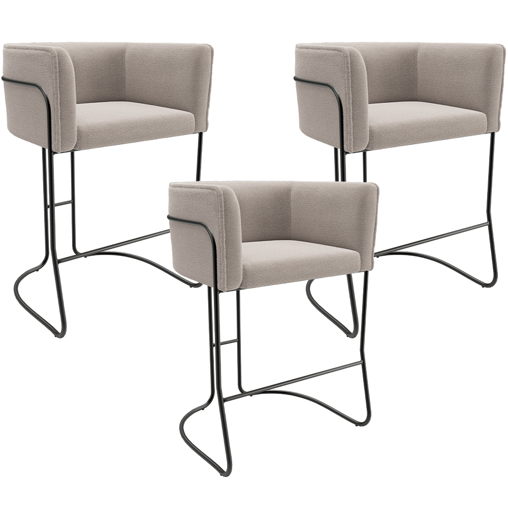 Kit 03 Banquetas Baixa Base de Aço Preto Betina D02 Bouclê Creme C-54 - Lyam Decor