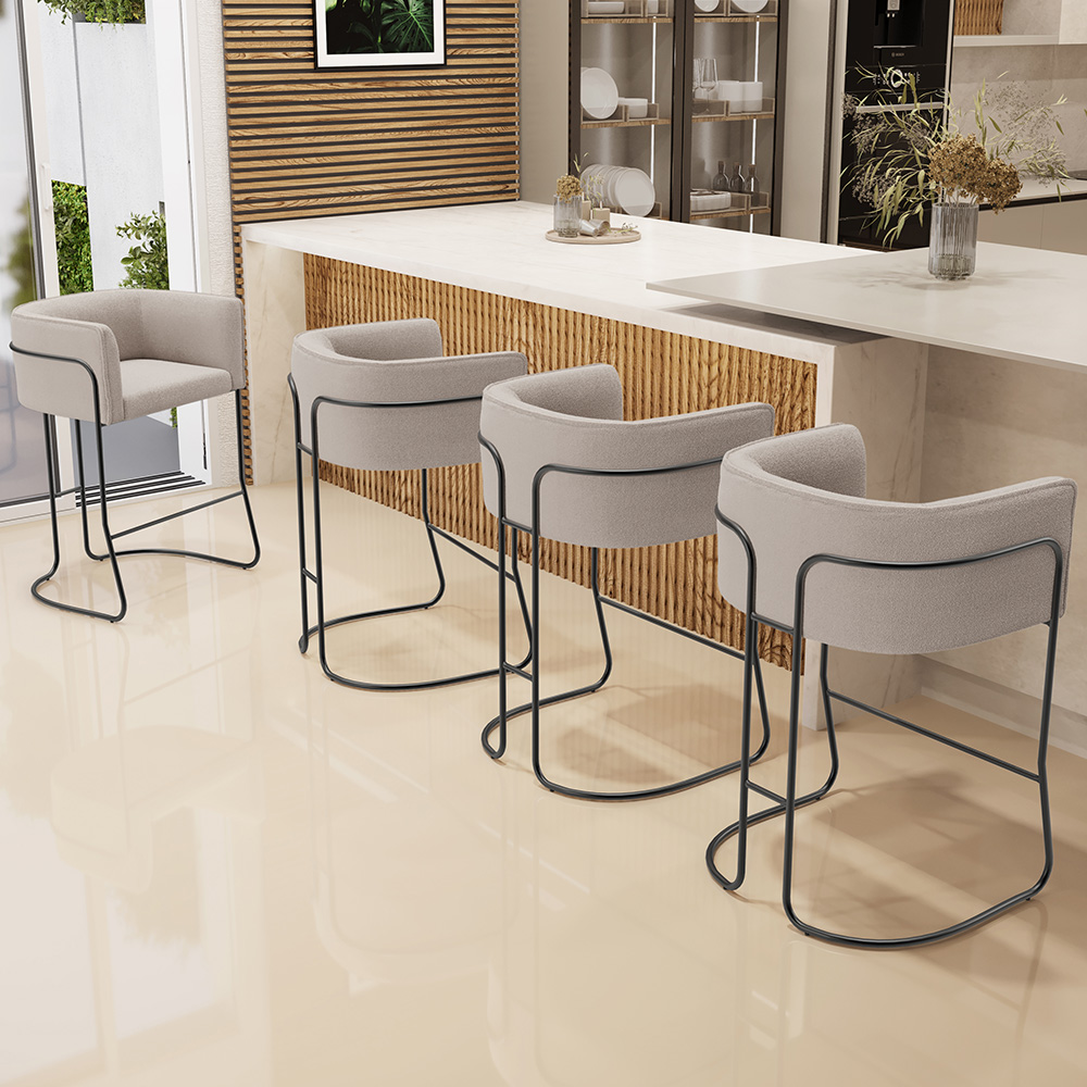 Kit 03 Banquetas Baixa Base de Aço Preto Betina D02 Bouclê Creme C-54 - Lyam Decor