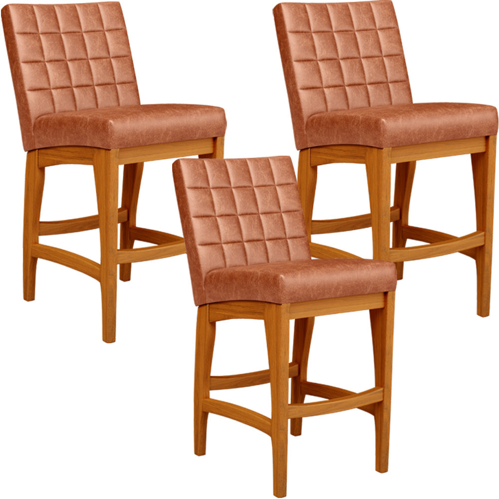 Kit 03 Banquetas Baixa Cozinha Bancada Bar Sala Jantar Fixa Mila L02 Couríssimo Camel - Lyam Decor