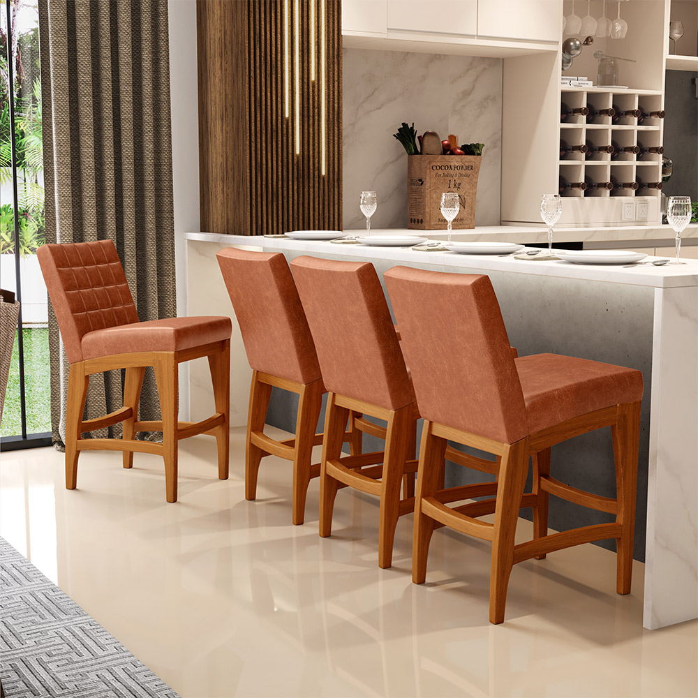 Kit 03 Banquetas Baixa Cozinha Bancada Bar Sala Jantar Fixa Mila L02 Couríssimo Camel - Lyam Decor