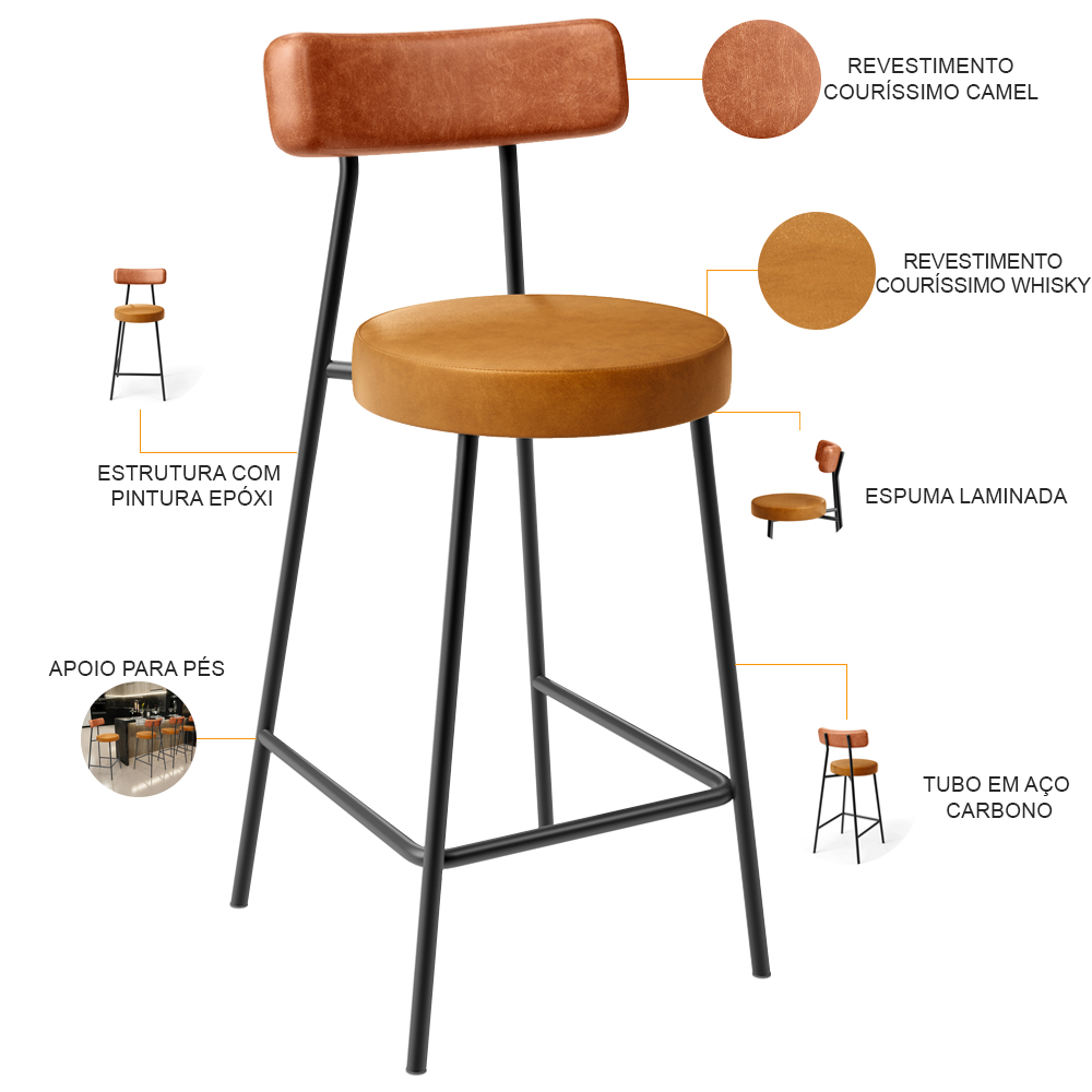 Kit 03 Banquetas Baixa Cozinha Sala Jantar Bancada Milão L02 Couríssimo Camel Whisky - Lyam Decor
