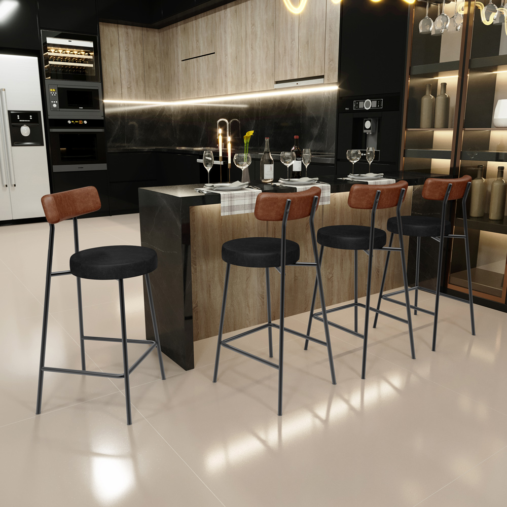Kit 03 Banquetas Baixa Cozinha Sala Jantar Bancada Milão L02 Couríssimo Marrom Preto - Lyam Decor