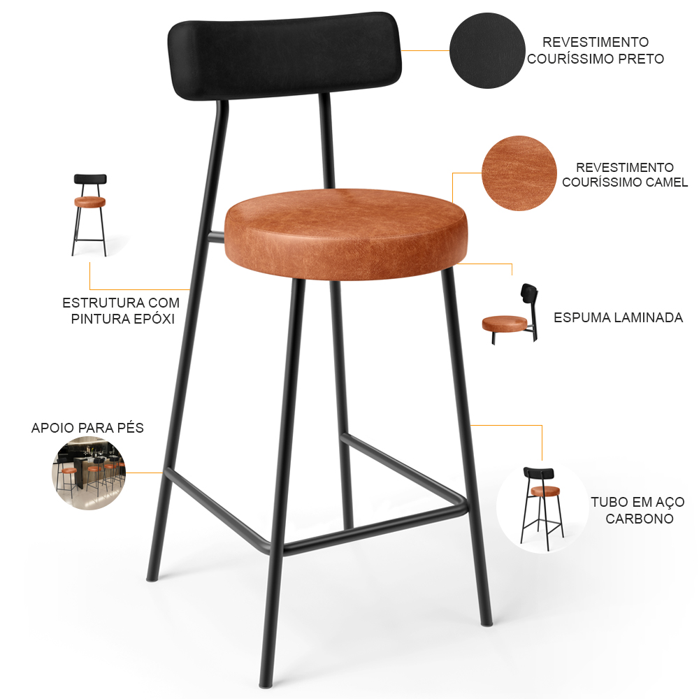 Kit 03 Banquetas Baixa Cozinha Sala Jantar Bancada Milão L02 Couríssimo Preto Camel  - Lyam Decor