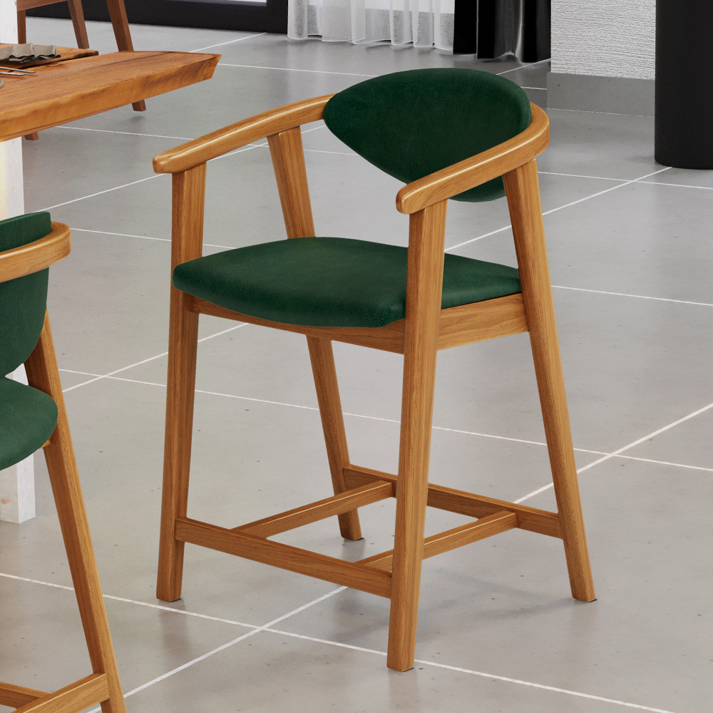 Kit 03 Banquetas Baixa Cozinha Sala de Jantar Bancada Cecília L02 Couríssimo Verde Musgo Lyam Decor