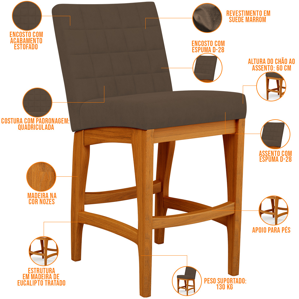 Kit 03 Banquetas Baixa Para Cozinha Bancada Bar Sala Jantar Fixa Mila L02 Suede Marrom - Lyam Decor