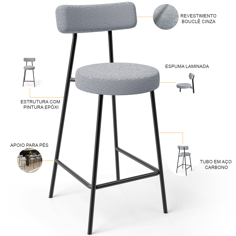 Kit 03 Banquetas Baixa Para Cozinha Sala De Jantar Bar Bancada Milão L02 Bouclê Cinza - Lyam Decor