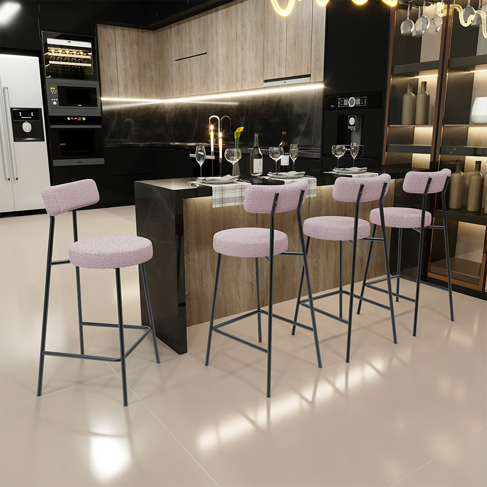 Kit 03 Banquetas Baixa Para Cozinha Sala De Jantar Bar Bancada Milão L02 Bouclê Rosê - Lyam Decor