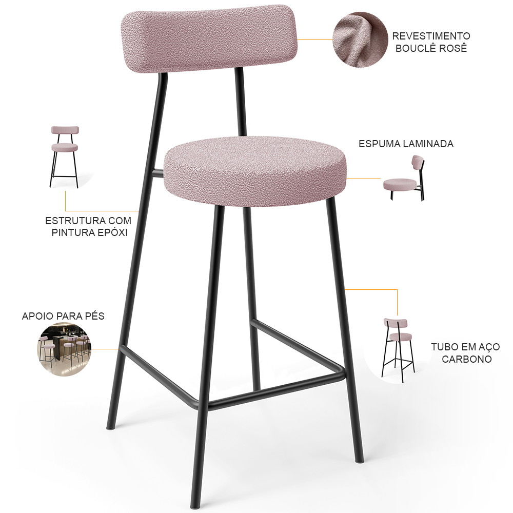 Kit 03 Banquetas Baixa Para Cozinha Sala De Jantar Bar Bancada Milão L02 Bouclê Rosê - Lyam Decor