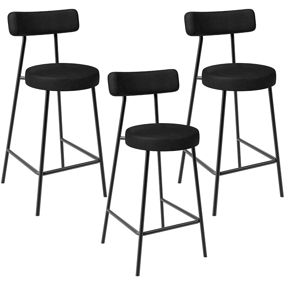 Kit 03 Banquetas Baixa Para Cozinha Sala De Jantar Bar Bancada Milão L02 Couríssimo Preto - Lyam Decor