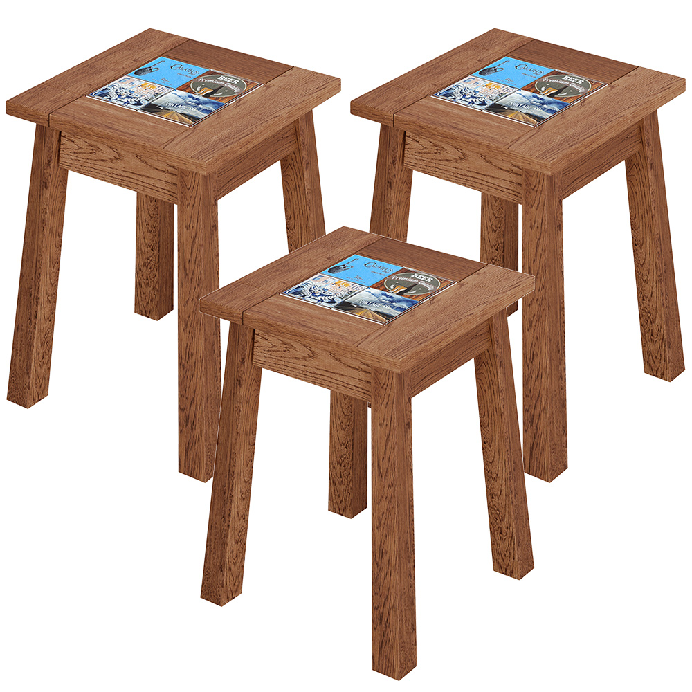 Kit 03 Banquetas Baixas De Madeira Maciça Pinus Rústica Com Cerâmica Vintage W02 Imbuia - Lyam Decor