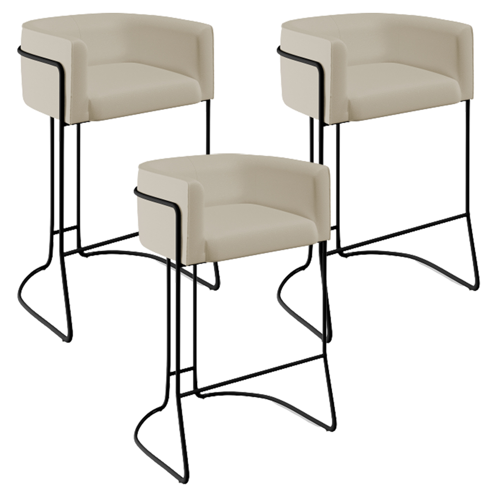 Kit 03 Banquetas Decorativas Fixa Base de Aço Preto Betina D02 Corano Bege C-26 - Lyam Decor