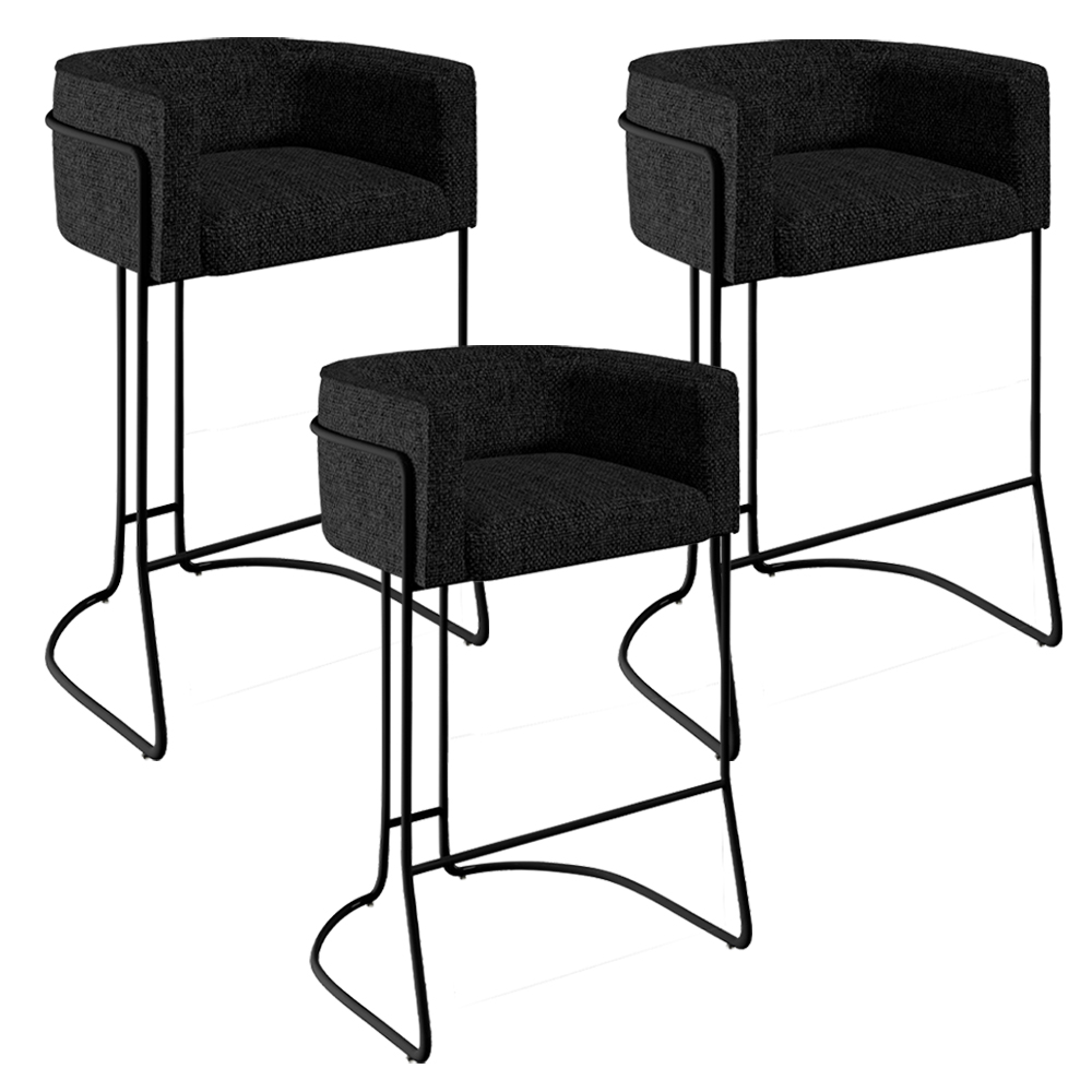 Kit 03 Banquetas Decorativas Fixa Base de Aço Preto Betina D02 Linho Chumbo D-465 - Lyam Decor