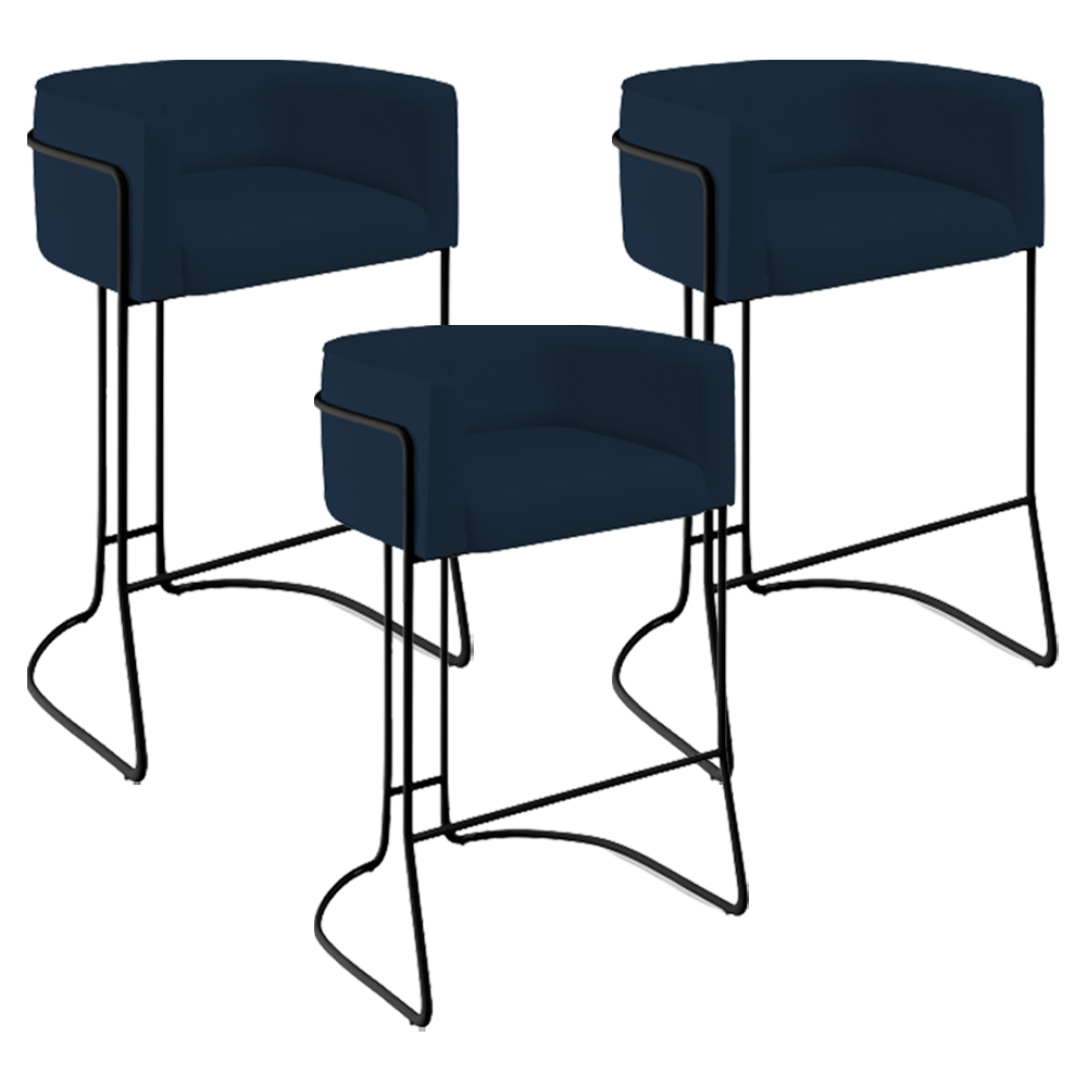 Kit 03 Banquetas Decorativas Fixa Base de Aço Preto Betina D02 Veludo Azul Oxford C-304 - Lyam Decor
