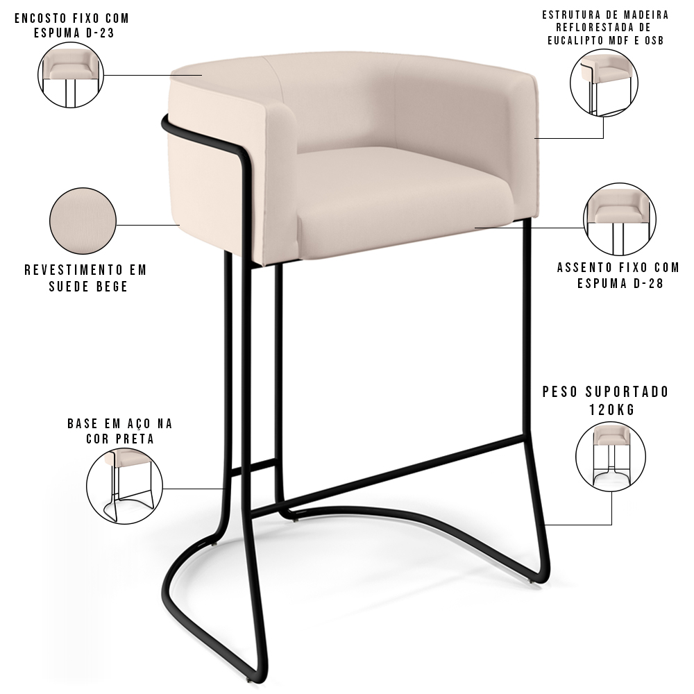Kit 03 Banquetas Decorativas Fixa Base de Aço Preto Betina D02 Veludo Bege C-309 - Lyam Decor