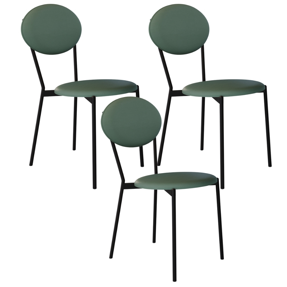 Kit 03 Cadeiras Estofada Para Sala de Jantar Azuri Preto C01 Courino Verde Sálvia - Lyam Decor