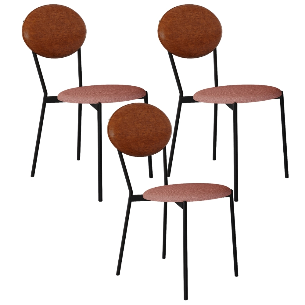 Kit 03 Cadeiras Estofada Para Sala de Jantar Azuri Preto C01 Linho Rosê Courino Caramelo - Lyam Decor