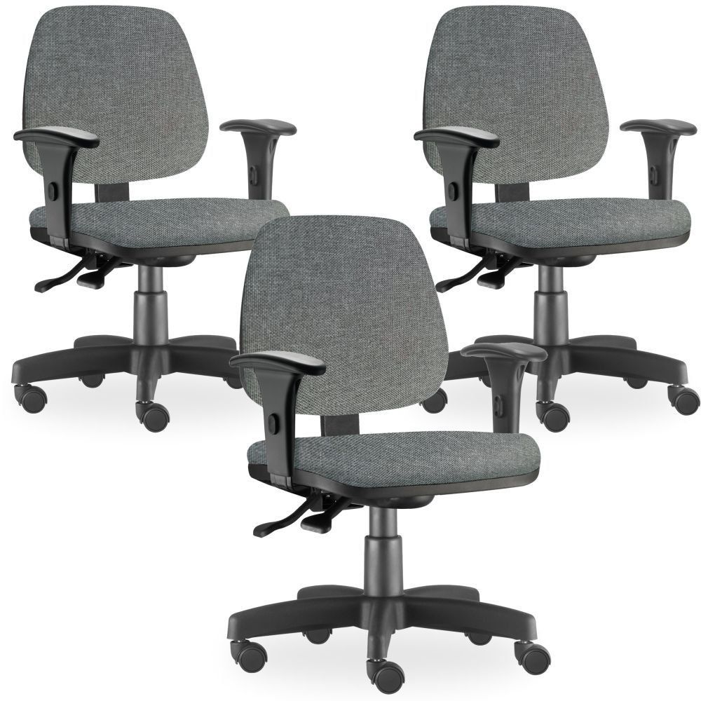 Kit 03 Cadeiras de Escritório Giratória Executiva Ergonômica Job L02 Linho Cinza Escuro - Lyam Decor