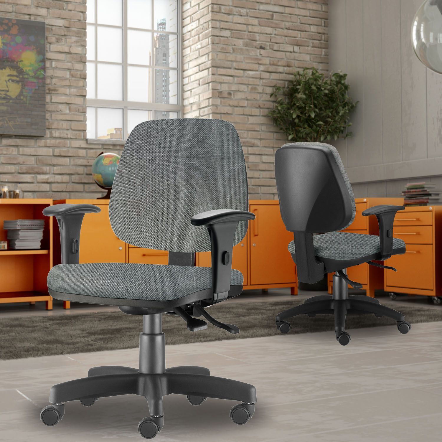 Kit 03 Cadeiras de Escritório Giratória Executiva Ergonômica Job L02 Linho Cinza Escuro - Lyam Decor