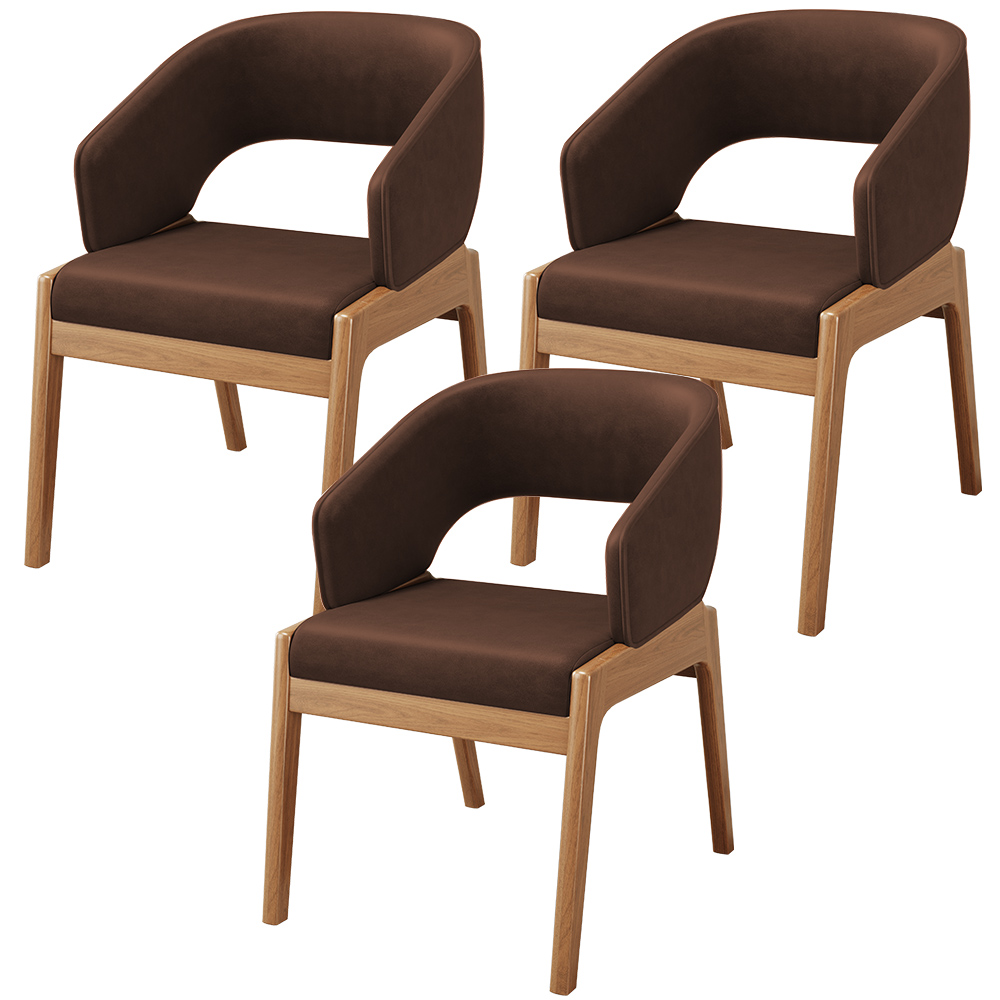 Kit 03 Cadeiras de Jantar e Estar Living Estofada Lince L02 Couríssimo Marrom - Lyam Decor
