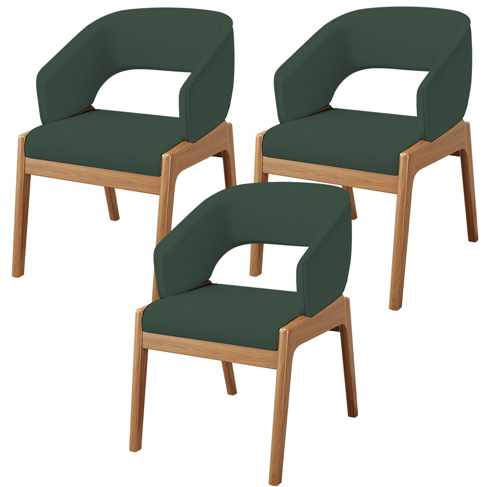 Kit 03 Cadeiras de Jantar e Estar Living Estofada Lince L02 Linho Verde Musgo - Lyam Decor