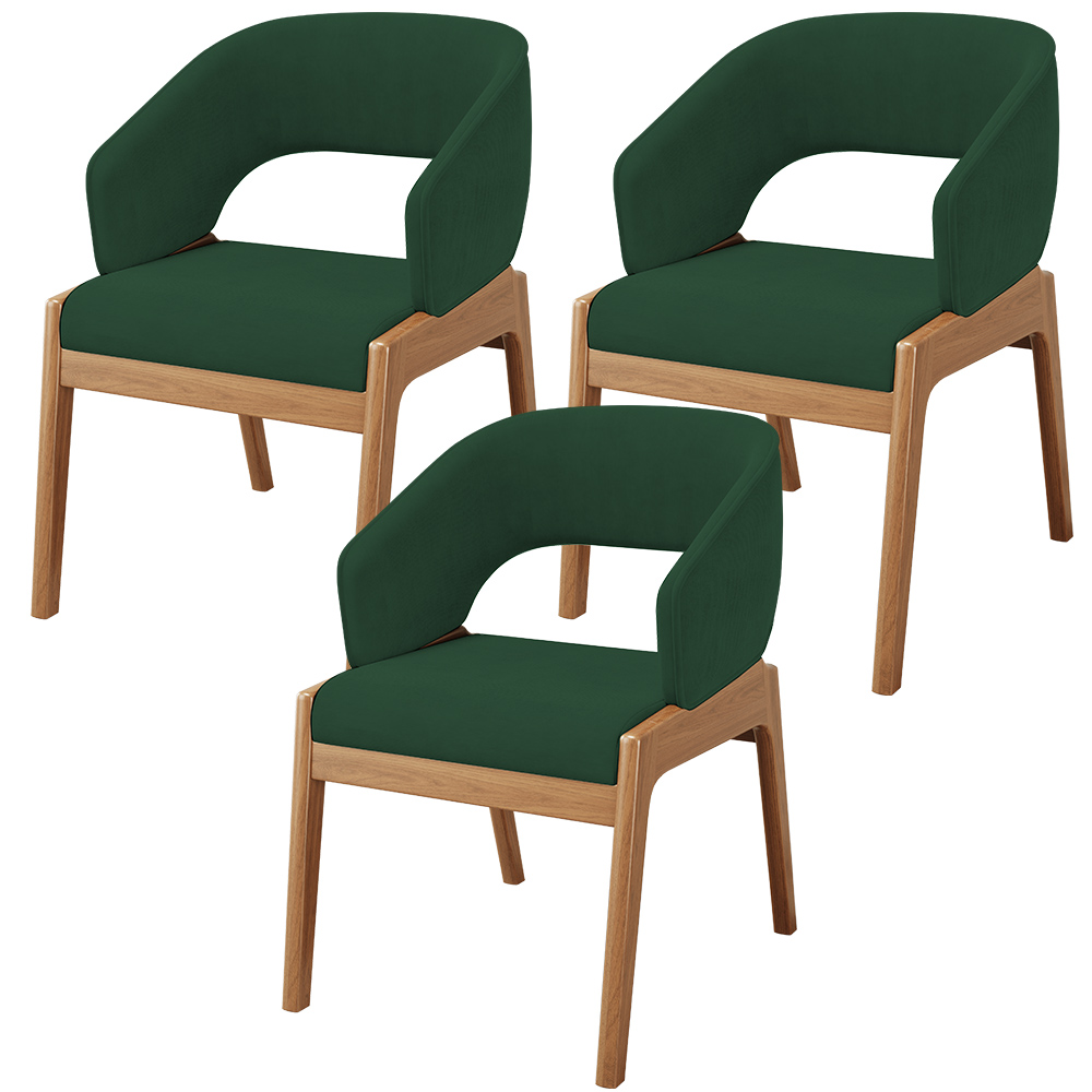 Kit 03 Cadeiras de Jantar e Estar Living Estofada Lince L02 Suede Verde Musgo - Lyam Decor
