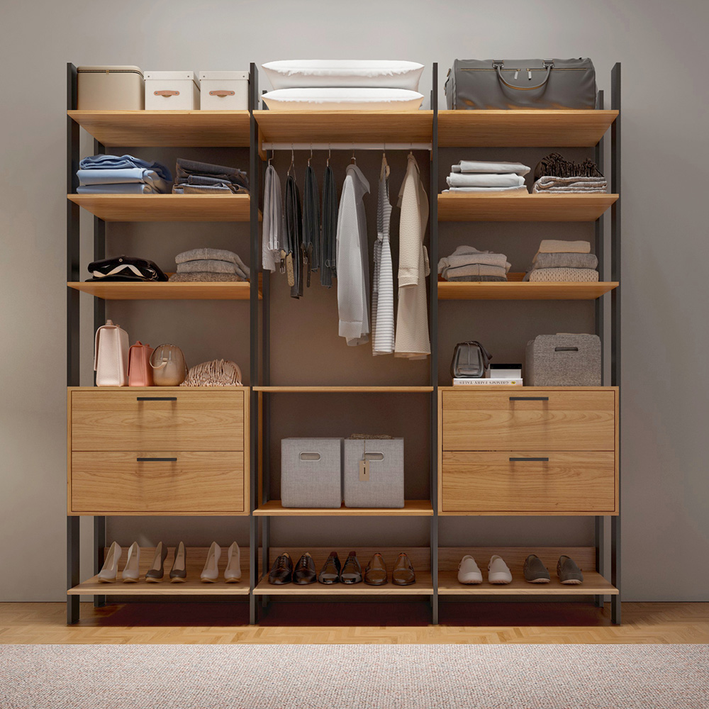 Kit 03 Closet Guarda Roupa Cabideiro 04 Gavetas Modulado 220x73cm Leaf D03 Freijó Preto - Lyam Decor
