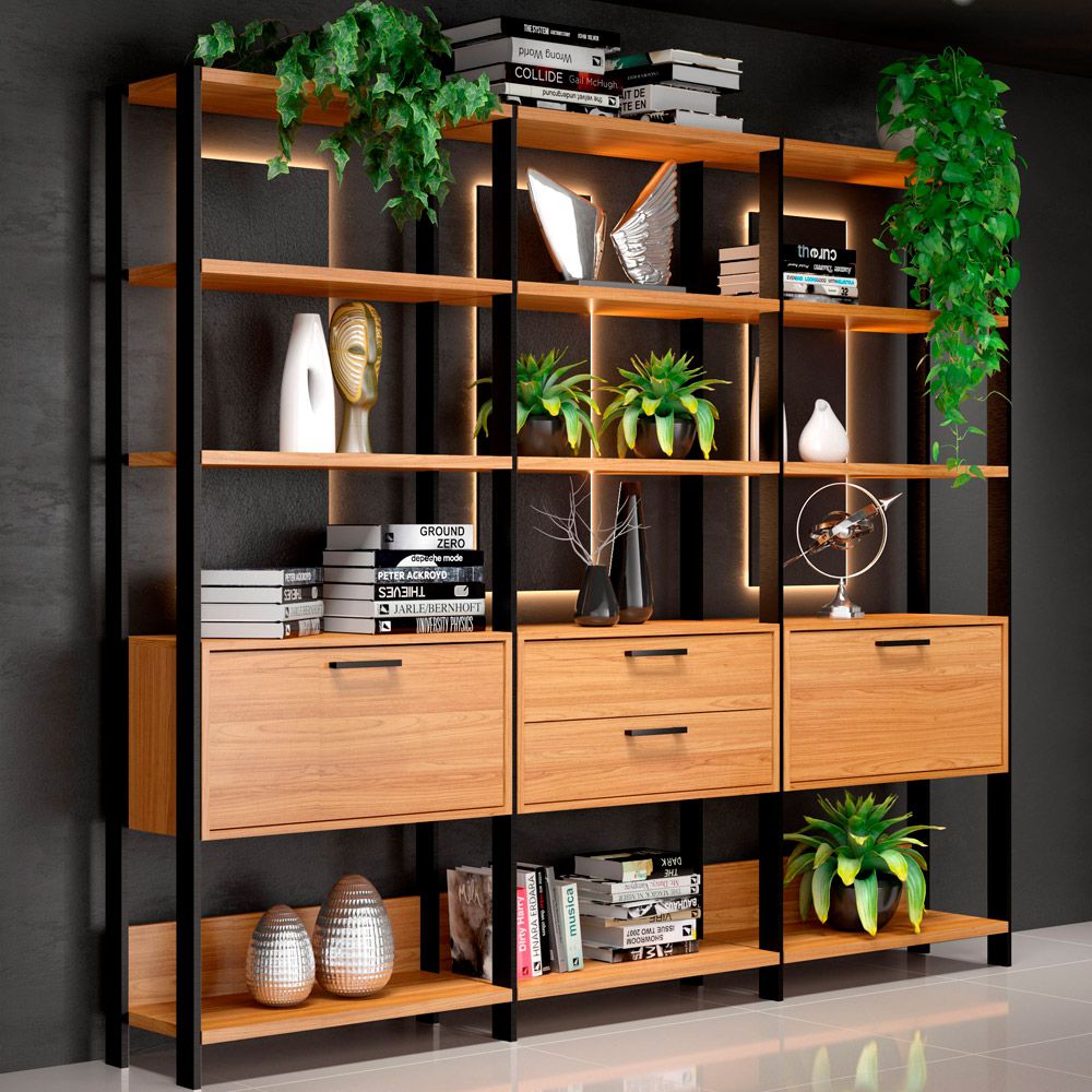 Kit 03 Estantes 5 Prateleiras 02 Gavetas 02 Porta Trend D03 185x73 cm Freijó Preto Fosco - Lyam Decor
