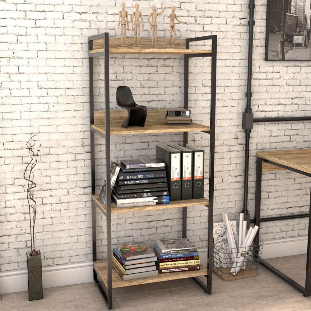 Kit 03 Estantes com 4 Prateleiras Escritório Estilo Industrial Form C01 146x60 cm Carvalho - Lyam Decor