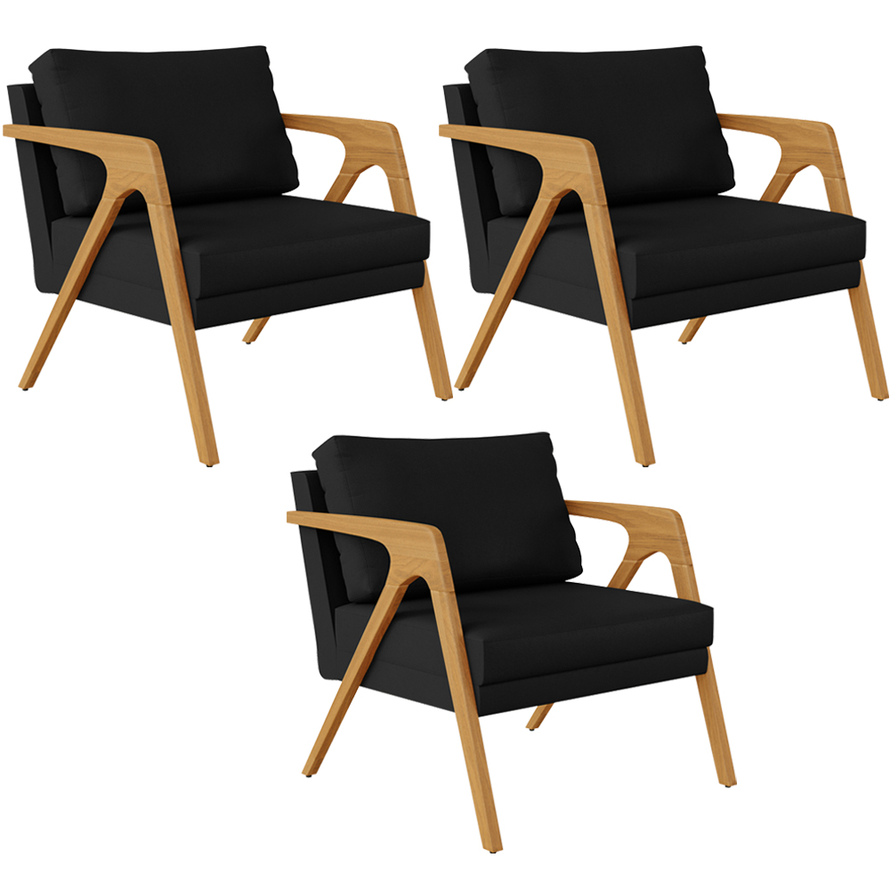 Kit 03 Poltrona Decorativa Para Sala Pietra Estrutura De Madeira L02 Corano Preto - Lyam Decor