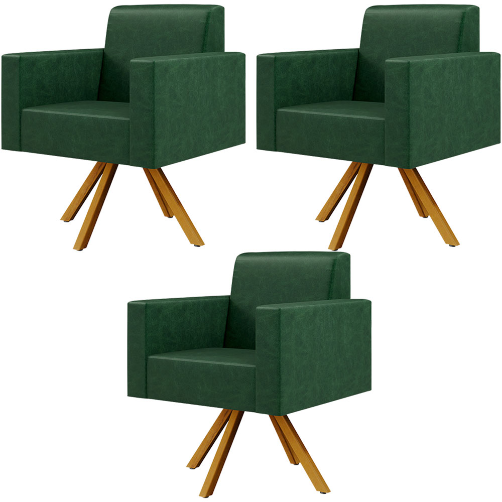 Kit 03 Poltronas Decorativa Base Giratória de Madeira Helô L02 Facto Verde Musgo - Lyam Decor