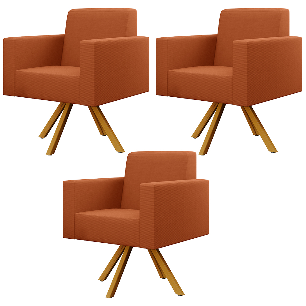 Kit 03 Poltronas Decorativa Base Giratória de Madeira Helô L02 Tecido Terracota - Lyam Decor