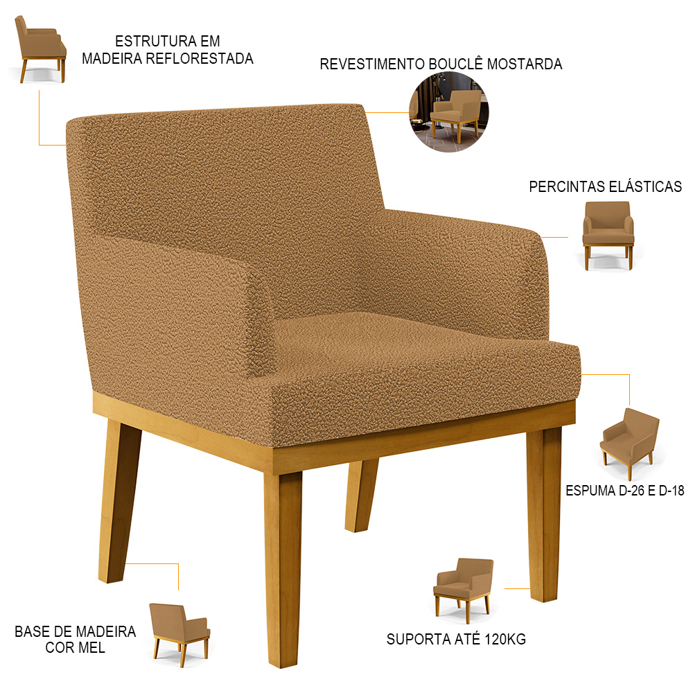 Kit 03 Poltronas Decorativa Para Sala De Estar E Recepção Beatriz W01 Bouclê Mostarda - Lyam Decor