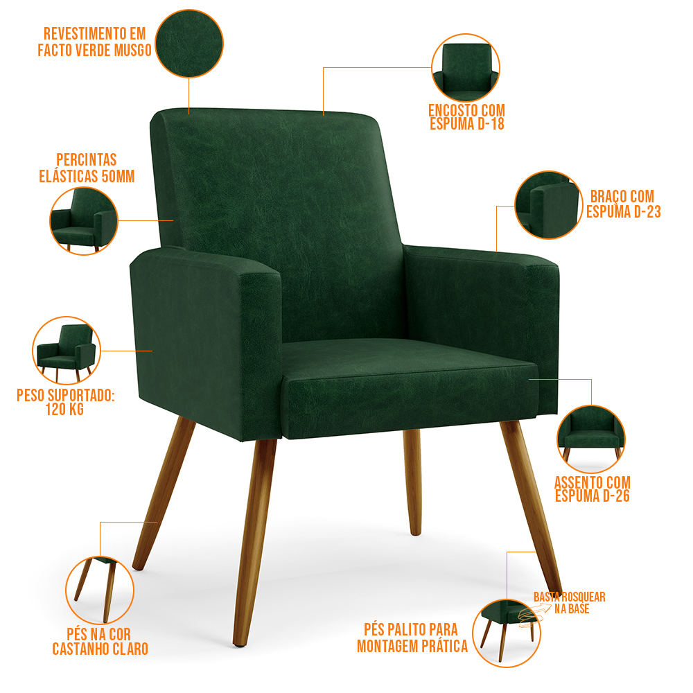 Kit 03 Poltronas Decorativa Para Sala De Estar Maria W01 Pés Palito Facto Verde Musgo - Lyam Decor