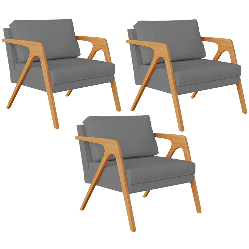 Kit 03 Poltronas Decorativa Para Sala Estar Pietra Estrutura De Madeira L02 Suede Cinza - Lyam Decor