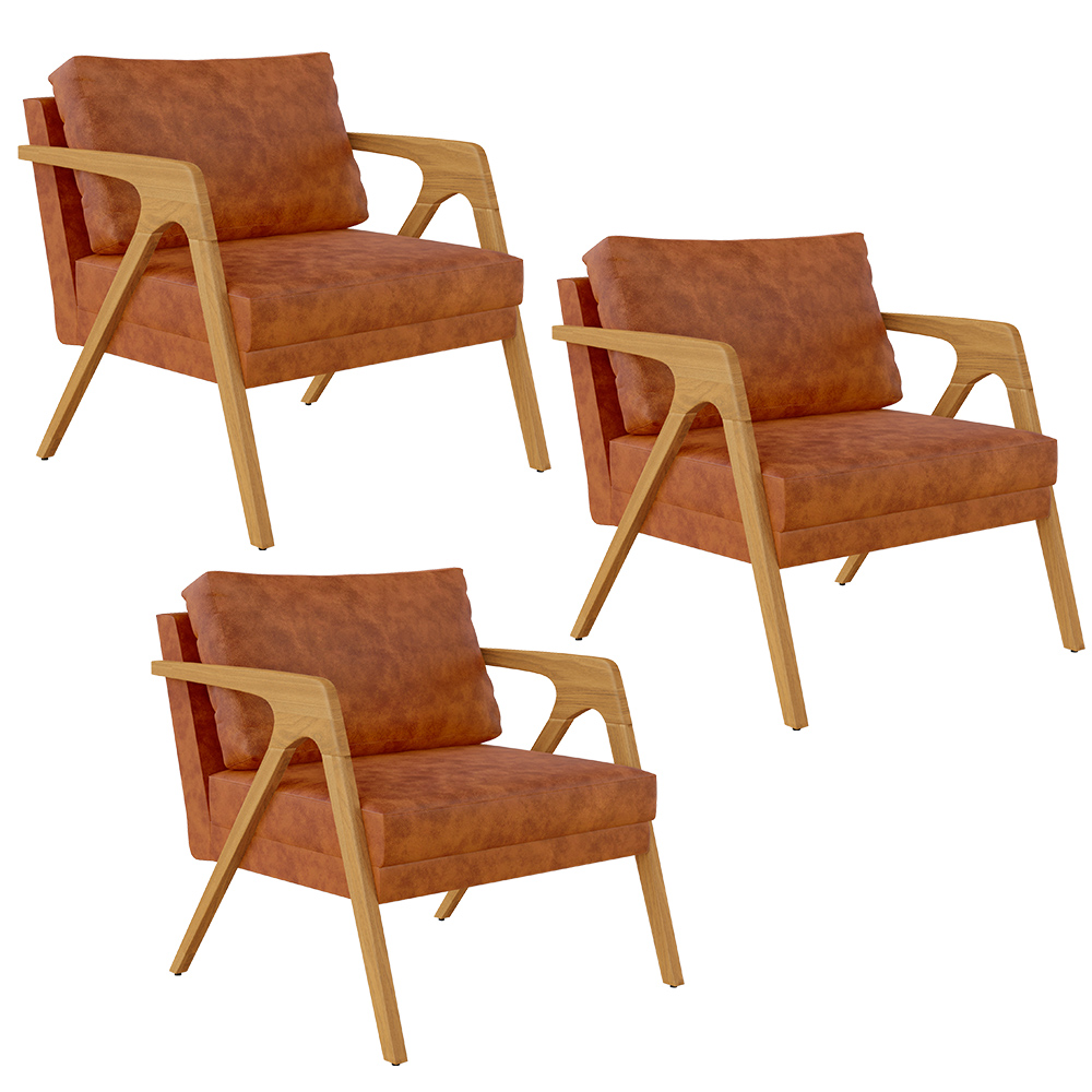 Kit 03 Poltronas Decorativa Para Sala Pietra Estrutura De Madeira L02 Couríssimo Camel - Lyam Decor