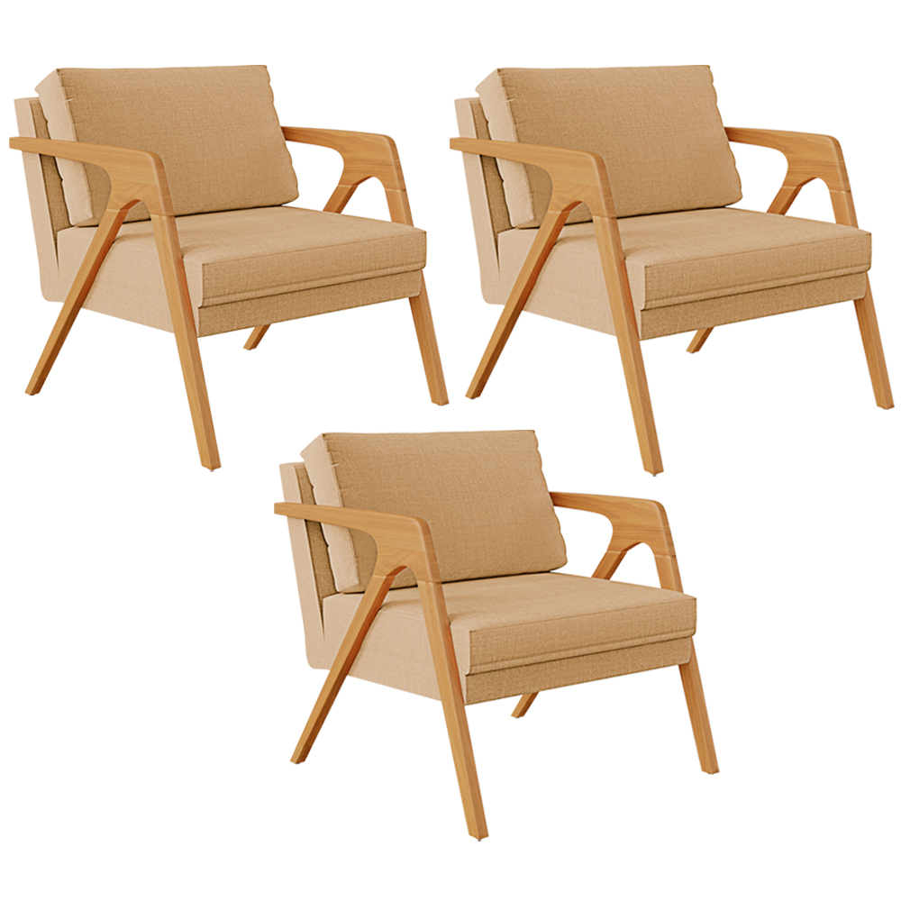 Kit 03 Poltronas Decorativa Para Sala Pietra Estrutura De Madeira L02 Linho Bege Escuro - Lyam Decor