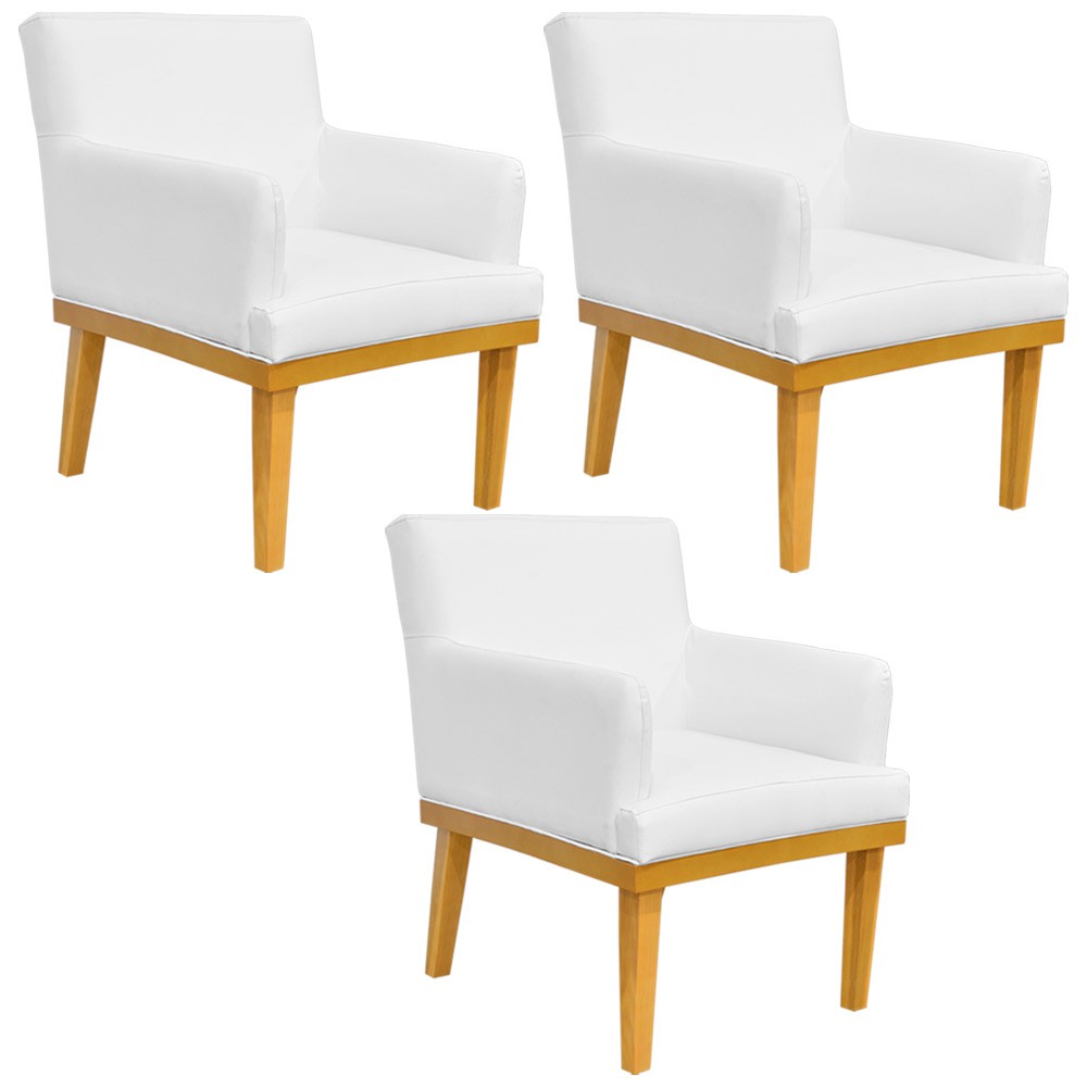Kit 03 Poltronas Decorativa Para Sala de Estar Base Mel Beatriz W01 Corano Branco - Lyam Decor