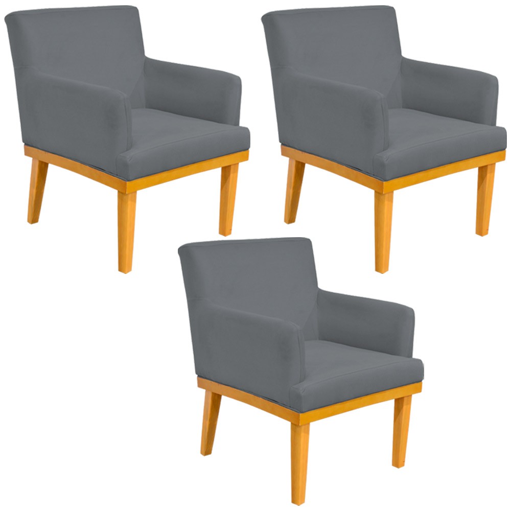 Kit 03 Poltronas Decorativa Para Sala de Estar Base Mel Beatriz W01 Suede Cinza - Lyam Decor