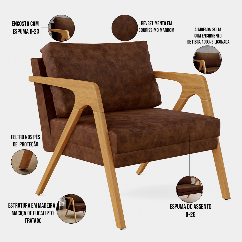 Kit 03 Poltronas Decorativa Sala Estar Pietra Com Estrutura Madeira L02 Couríssimo Marrom-Lyam Decor