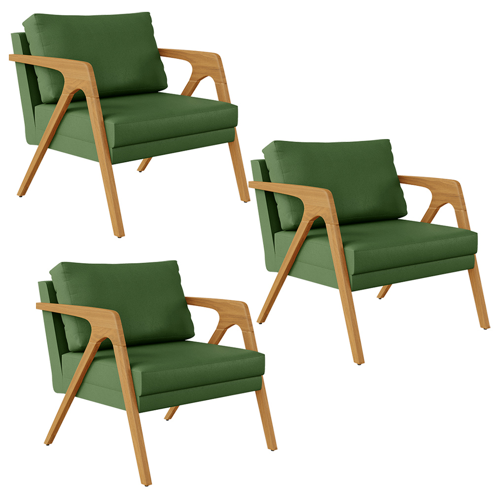 Kit 03 Poltronas Decorativa Sala Pietra Com Estrutura Madeira L02 Facto Verde Musgo - Lyam Decor