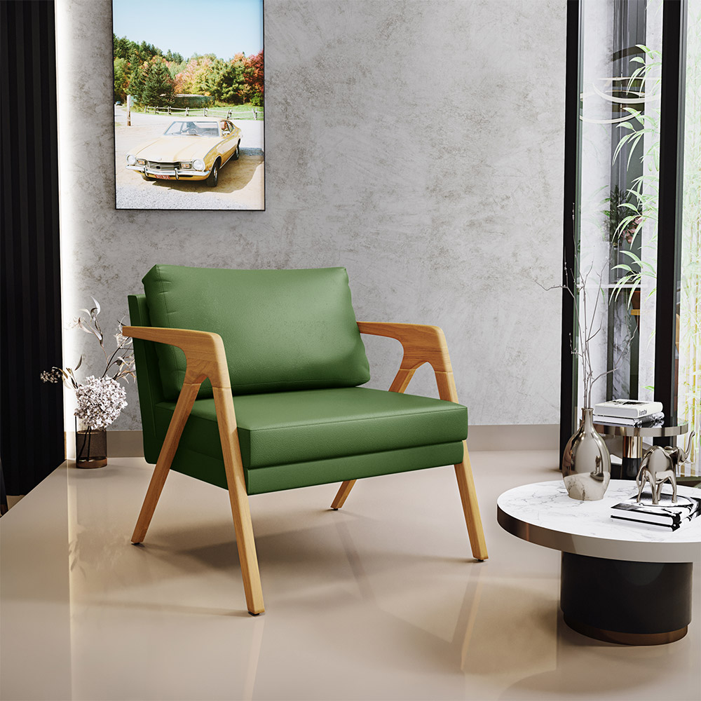 Kit 03 Poltronas Decorativa Sala Pietra Com Estrutura Madeira L02 Facto Verde Musgo - Lyam Decor